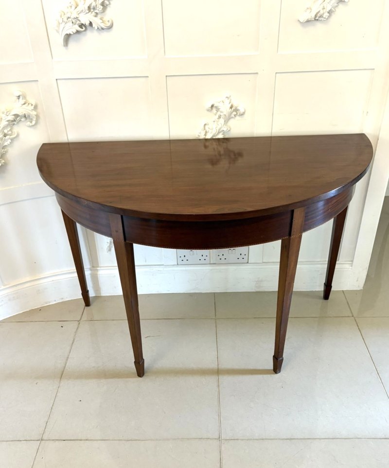 Large Pair of Antique George III Quality Figured Mahogany Demi Lune Shaped Console Tables - Image 4